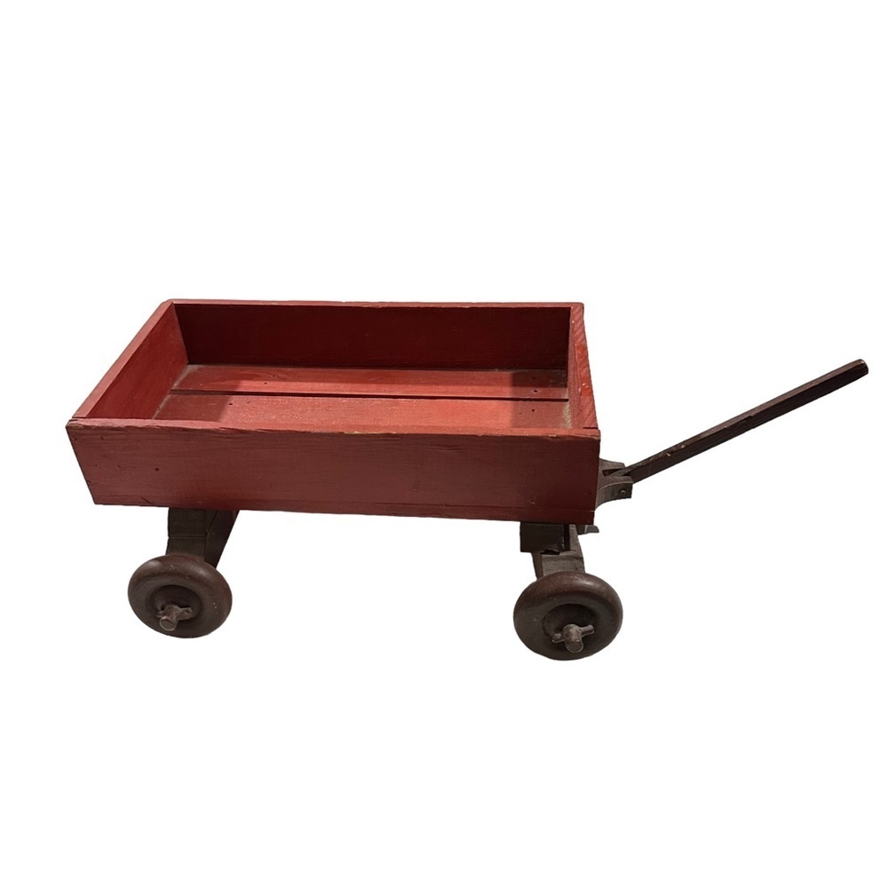 Handmade Wooden Little Red Wagon on Wheels & Steel Handle 10x6” Toy Planter Art